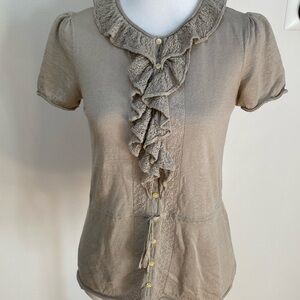 Elie Tahari linen and silk button down short sleeve sweater ruffle size M